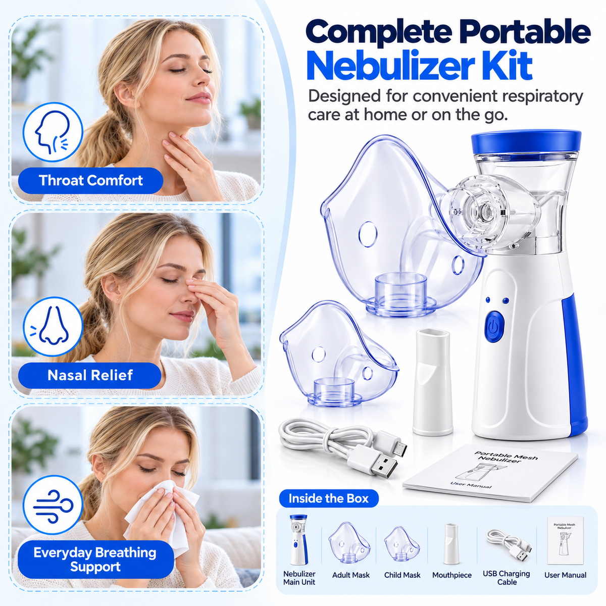 Portable Nebulizer & Humidifier for Baby & Adults | Compact, Silent, Self-Cleaning Machine with Long Battery Life | Effective for Asthma, Cough, Sinus & Allergy Relief at Home