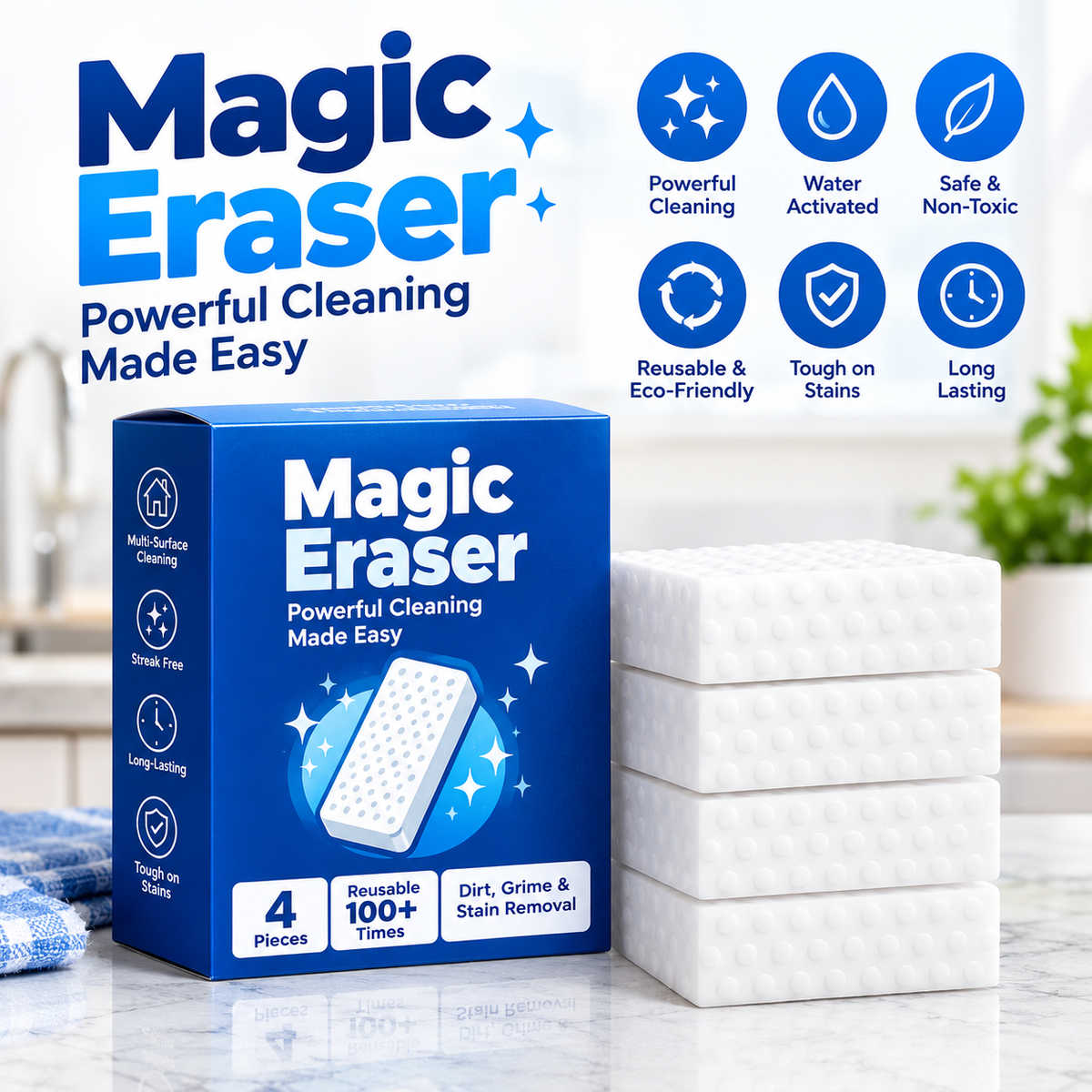 Magic Eraser Cleaning Sponge | Pack of 4 | Powerful Multi-Purpose Stain Remover | No Chemicals Required | Effortlessly Cleans Walls, Kitchens, Bathrooms, Shoes, Switch Boards & More