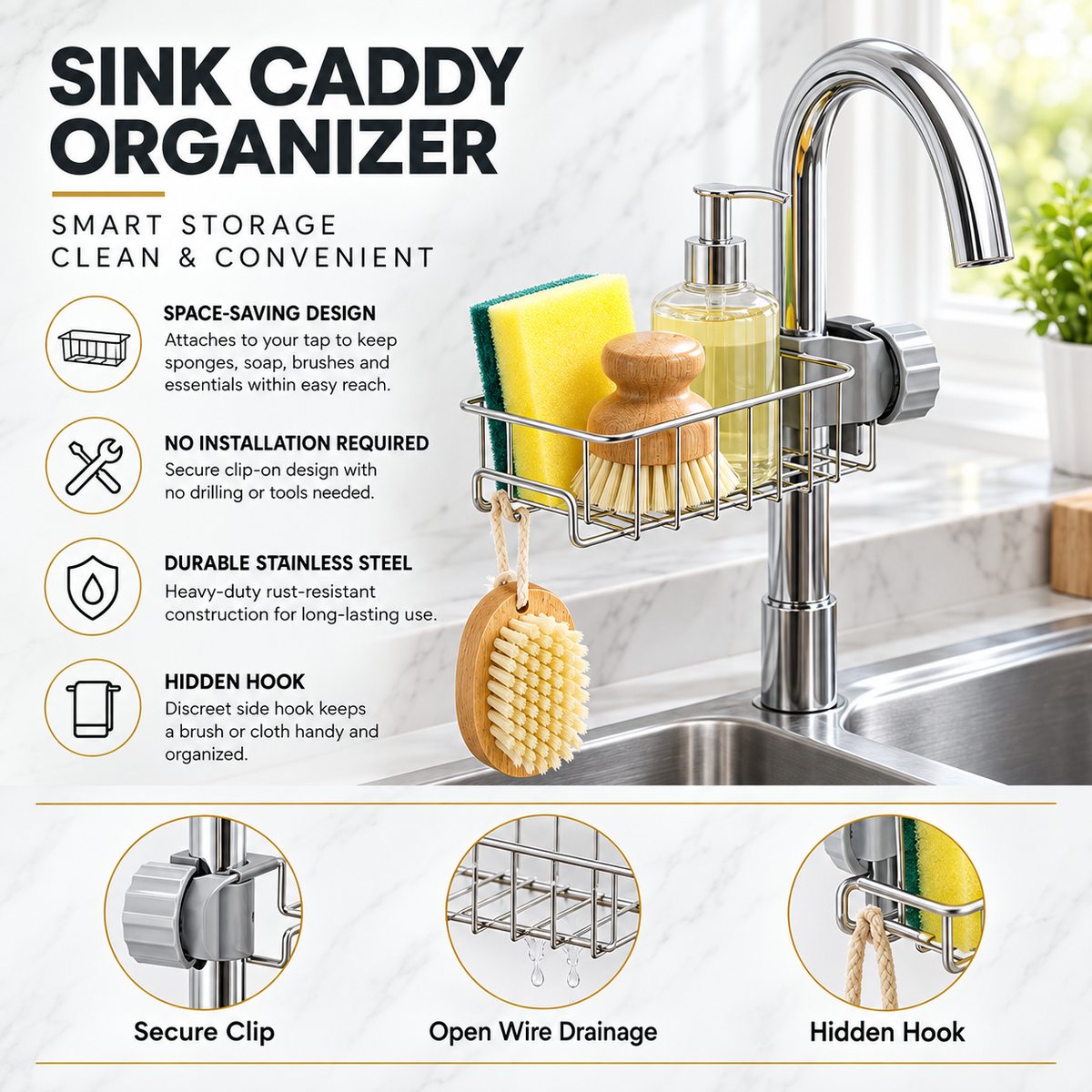 ArrayStyle Stainless Steel Sink Sponge Caddy Organizer